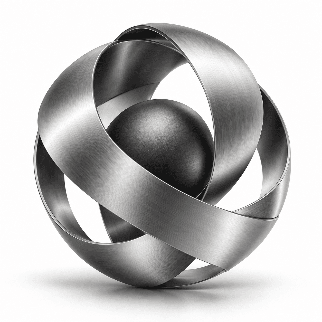 Interwoven silver ribbons bringing a graphite sphere into focus